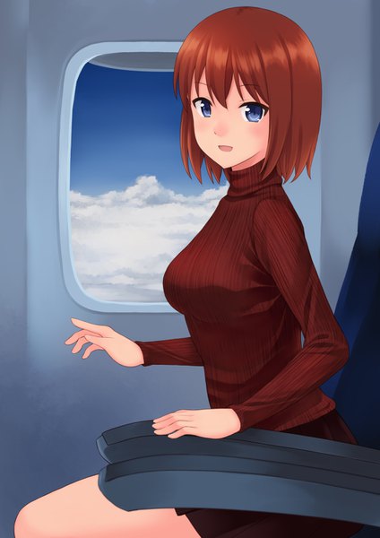 Anime picture 992x1403 with original akatsuki miho kouno hikaru single tall image looking at viewer blush fringe short hair breasts open mouth blue eyes hair between eyes sitting sky cloud (clouds) red hair :d pleated skirt bare legs