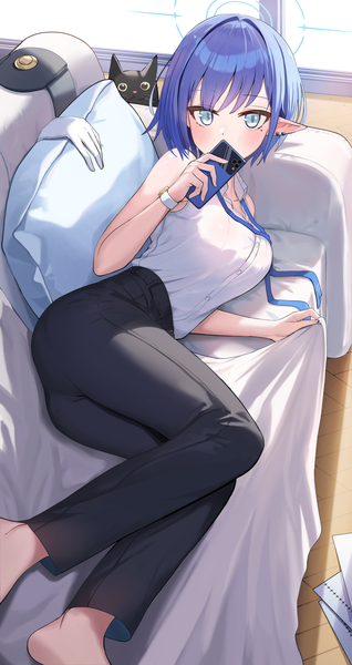 Anime picture 2506x4735 with blue archive aoi (blue archive) inapple single tall image looking at viewer highres short hair blue eyes blue hair indoors lying pointy ears mole sleeveless mole under eye on side covered mouth girl animal