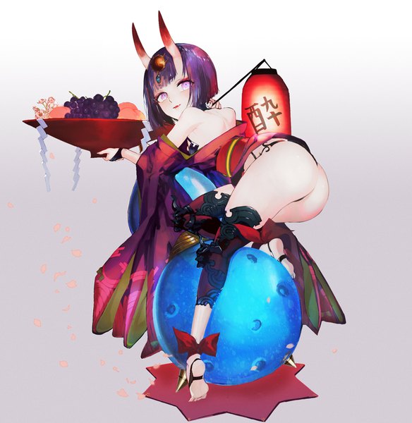 Anime picture 817x840 with fate (series) fate/grand order shuten douji (fate) yaku (ziroken) single tall image short hair light erotic simple background purple eyes bare shoulders holding purple hair full body ass traditional clothes japanese clothes looking back horn (horns) from behind