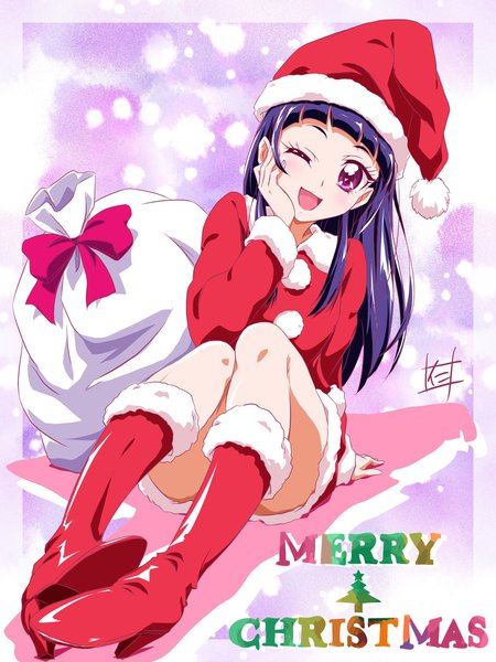 Anime picture 1536x2046 with precure mahou girls precure! toei animation izayoi riko nii manabu single long hair tall image looking at viewer blush open mouth sitting signed purple hair pink eyes arm support christmas ;d merry christmas hand on cheek