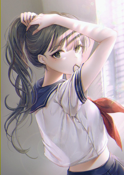 Anime picture 740x1047 with original ozzingo single long hair tall image looking at viewer blush fringe brown hair holding brown eyes upper body ponytail indoors blunt bangs looking back from behind sunlight blurry mole