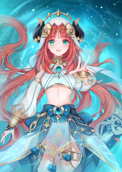 Anime picture 2600x3669 with genshin impact nilou (genshin impact) nia (leafunia) single long hair tall image looking at viewer blush fringe highres open mouth smile twintails red hair blunt bangs long sleeves :d horn (horns) aqua eyes from above
