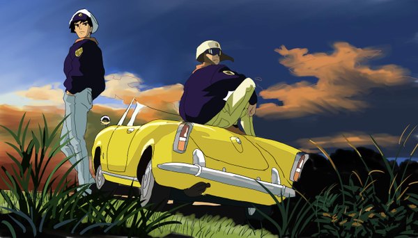 Anime picture 2803x1601 with on your mark studio ghibli chobi (artist) highres wide image standing sitting cloud (clouds) multiple boys jpeg artifacts boy uniform plant (plants) hat ground vehicle helmet flat cap car convertible