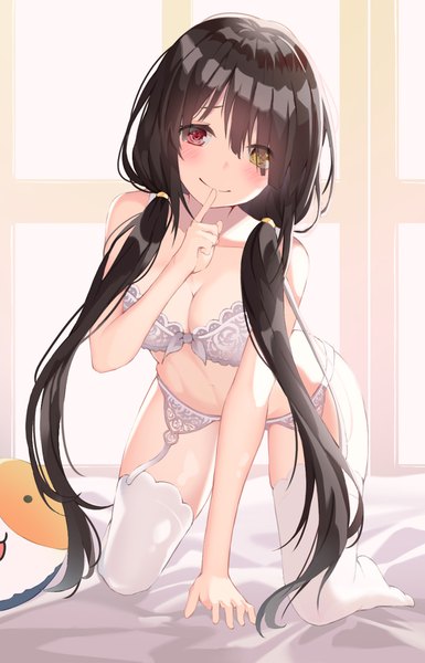 Anime picture 1080x1681 with date a live tokisaki kurumi no ho single long hair tall image looking at viewer blush fringe breasts light erotic black hair smile red eyes large breasts twintails bare shoulders yellow eyes payot full body