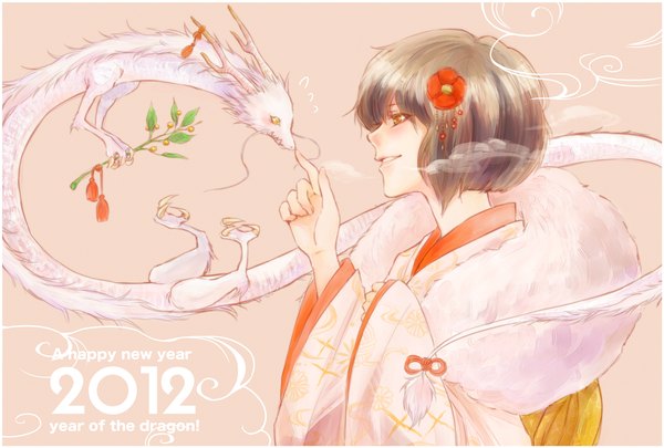 Anime picture 1500x1013 with original me rou (artist) single blush short hair smile brown hair yellow eyes tail traditional clothes japanese clothes profile hair flower horn (horns) inscription orange eyes exhalation new year fantasy happy new year