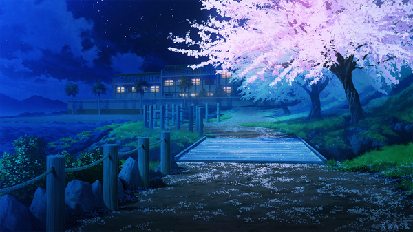 Anime picture 1000x563 with original mocha (cotton) wide image sky cloud (clouds) cherry blossoms horizon no people flower (flowers) plant (plants) petals tree (trees) building (buildings) star (stars) stone (stones)