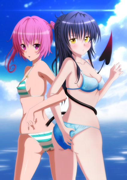 Anime picture 2500x3535 with toloveru toloveru darkness xebec kotegawa yui nana asta deviluke ironizer nuclearagent long hair tall image blush highres open mouth light erotic black hair twintails multiple girls yellow eyes pink hair sky cloud (clouds)