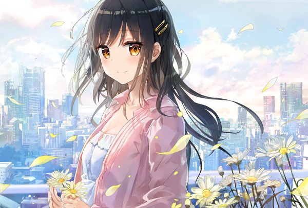 Anime picture 1200x812 with original fuumi (radial engine) single long hair looking at viewer blush fringe black hair smile hair between eyes holding brown eyes sky cloud (clouds) upper body outdoors light smile wind city cityscape