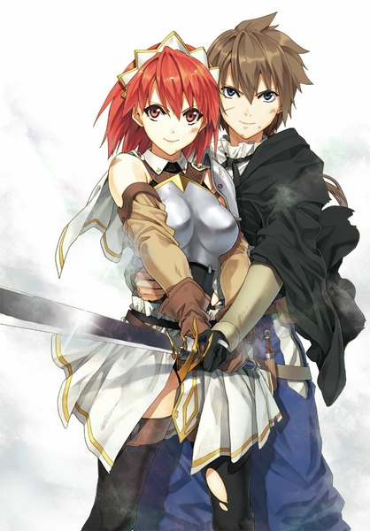 Anime picture 697x1000 with seiken no blacksmith cecily cambell luke ainsworth luna (reclaimed land) tall image looking at viewer short hair blue eyes simple background smile red eyes brown hair red hair hug holding hands girl thighhighs gloves weapon black thighhighs