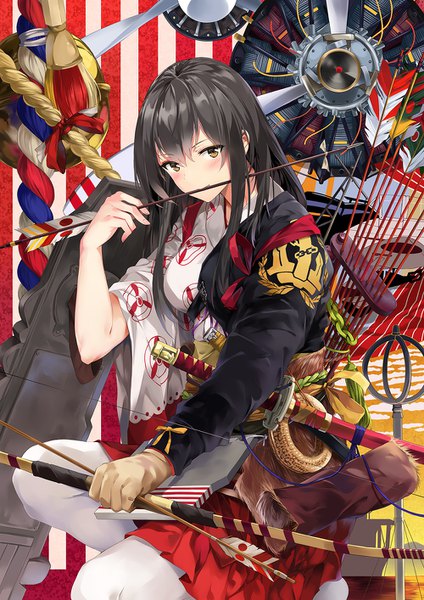 Anime picture 1000x1414 with kantai collection akagi aircraft carrier neko (yanshoujie) single long hair tall image looking at viewer blush fringe black hair hair between eyes holding brown eyes traditional clothes japanese clothes mouth hold new year girl thighhighs weapon