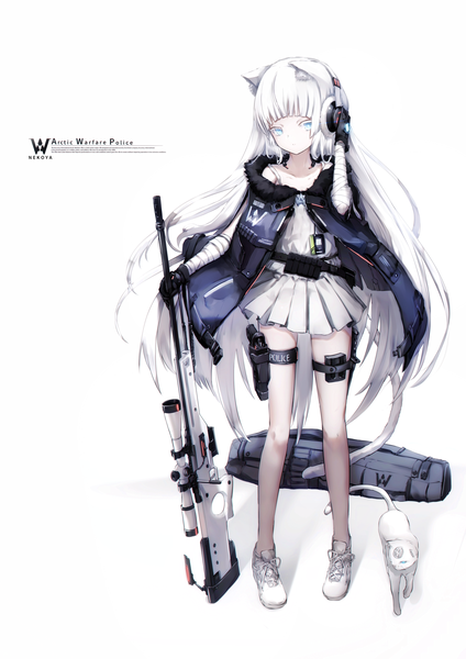 Anime picture 1158x1638 with girls frontline original awp (girls frontline) (nekoya (liu)) nekoya (liu) single long hair tall image fringe blue eyes simple background standing white background signed animal ears full body white hair tail animal tail cat ears cat girl