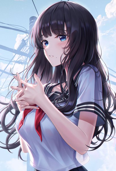 Anime picture 2783x4096 with original myless single long hair tall image looking at viewer blush fringe highres short hair breasts blue eyes black hair payot sky cloud (clouds) upper body outdoors blunt bangs parted lips