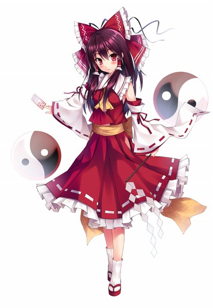 Anime picture 1417x2048 with touhou hakurei reimu mushroom (artist) single long hair tall image looking at viewer blush simple background red eyes white background purple hair traditional clothes miko girl bow hair bow detached sleeves socks white socks