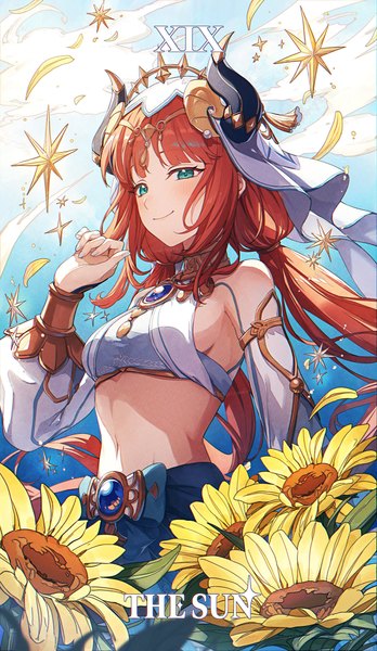 Anime picture 2378x4096 with genshin impact nilou (genshin impact) aoppoi oto single long hair tall image blush fringe highres breasts smile standing twintails bare shoulders cloud (clouds) red hair blunt bangs long sleeves nail polish horn (horns)