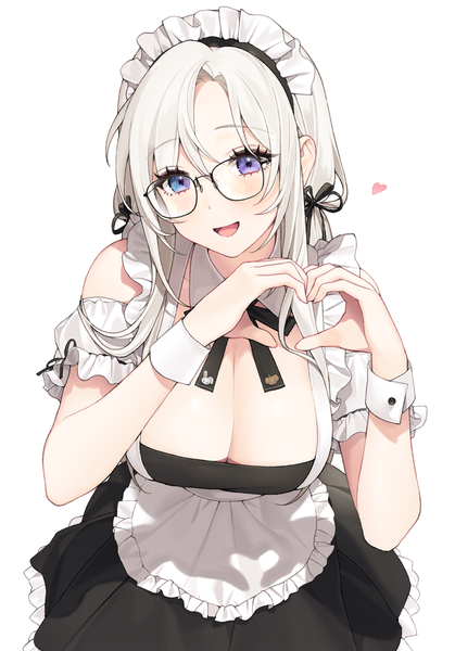 Anime picture 1200x1720 with original yeije single long hair tall image breasts open mouth light erotic simple background large breasts white background purple eyes twintails looking away cleavage white hair :d maid low twintails heart hands