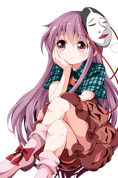 Anime picture 666x1000 with touhou hata no kokoro ruu (tksymkw) single long hair tall image blush fringe simple background white background sitting pink hair pink eyes crossed legs mask on head chin rest girl skirt shirt star (symbol)