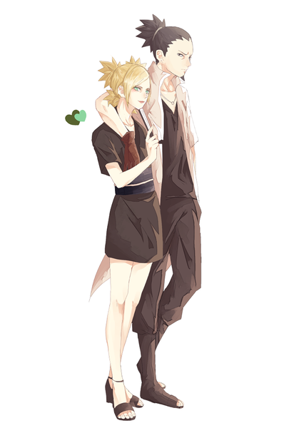 Anime picture 676x1000 with naruto studio pierrot naruto (series) nara shikamaru temari (naruto) szk (sssk) tall image looking at viewer short hair black hair simple background blonde hair standing green eyes payot full body bent knee (knees) ponytail grey eyes open shirt