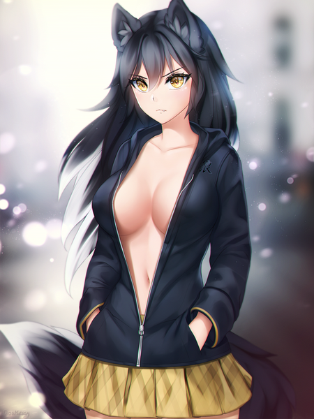 Anime picture 750x1000 with original gigamessy single long hair tall image blush fringe breasts light erotic hair between eyes large breasts standing animal ears yellow eyes looking away tail animal tail pleated skirt multicolored hair blurry