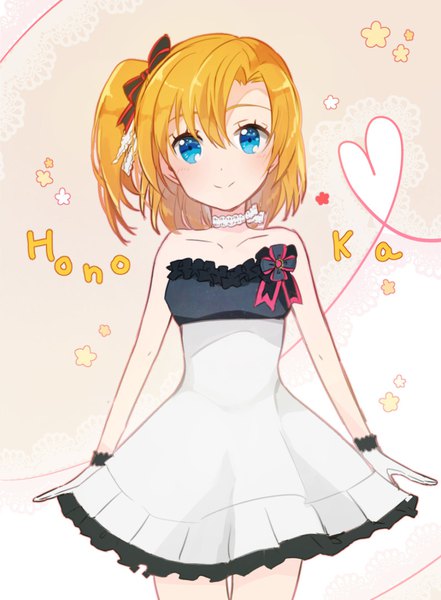 Anime picture 800x1088 with love live! school idol project sunrise (studio) love live! kousaka honoka eunram single tall image fringe short hair blue eyes smile hair between eyes standing bare shoulders orange hair character names one side up heart of string girl dress