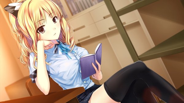 Anime picture 1280x720 with ayame no machi to ohimesama naruko ran kazuharu kina single long hair looking at viewer breasts blonde hair wide image large breasts sitting brown eyes ponytail arm support zettai ryouiki crossed legs girl thighhighs uniform hair ornament