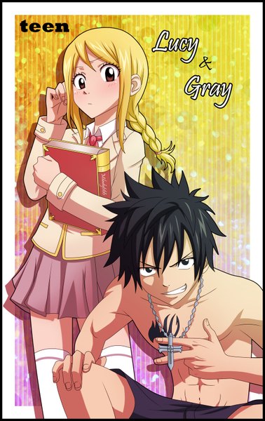 Anime picture 1024x1624 with fairy tail lucy heartfilia gray fullbuster milady666 long hair tall image blush short hair black hair blonde hair smile brown eyes pleated skirt black eyes inscription tattoo grin single braid muscle framed