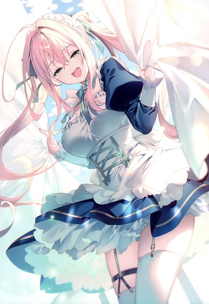 Anime picture 2405x3485 with original riichu single long hair tall image looking at viewer blush fringe highres open mouth smile hair between eyes standing twintails green eyes payot pink hair sky cloud (clouds) ahoge