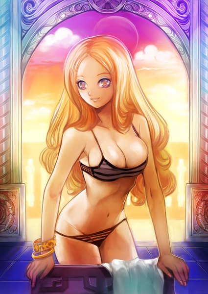 Anime picture 1000x1412 with original morechand single long hair tall image breasts light erotic large breasts bare shoulders sky cloud (clouds) orange hair orange eyes girl navel underwear panties bracelet arch