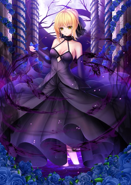 Anime picture 779x1100 with fate (series) fate/hollow ataraxia artoria pendragon (all) saber alter toshi (1-147) single tall image looking at viewer fringe short hair blonde hair hair between eyes standing bare shoulders yellow eyes payot cleavage full body outdoors long sleeves