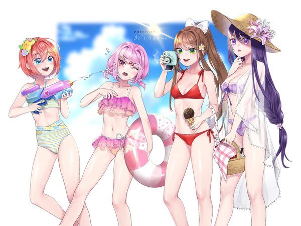 Anime picture 2048x1535 with doki doki literature club monika (doki doki literature club) yuri (doki doki literature club) natsuki (doki doki literature club) sayori (doki doki literature club) potetos7 long hair blush fringe highres short hair breasts open mouth blue eyes light erotic smile hair between eyes brown hair large breasts standing