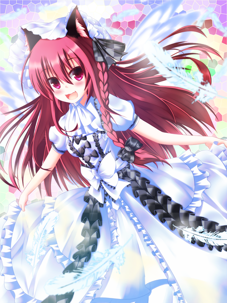 Anime picture 1200x1600 with touhou kaenbyou rin karakuri neko (tkfm) single long hair tall image blush open mouth smile animal ears red hair braid (braids) :d pink eyes cat ears single braid girl dress bow hair bow