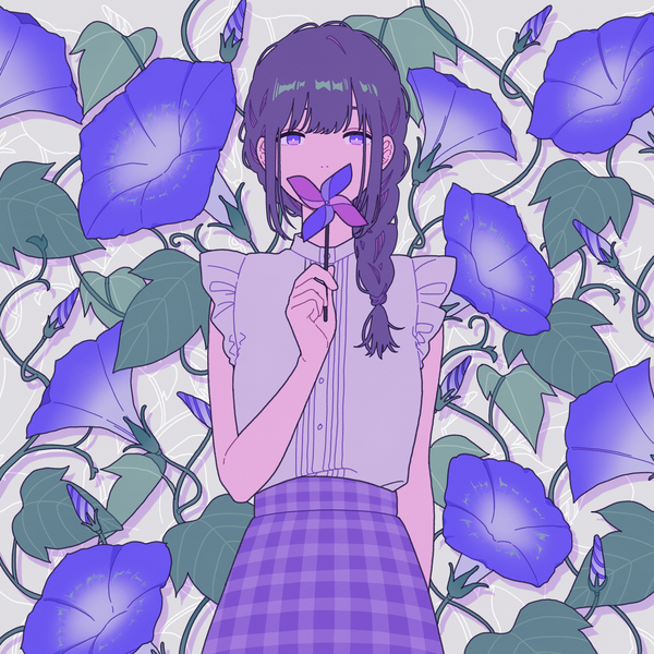 Anime picture 3000x3000 with original shi oo single long hair looking at viewer highres purple eyes purple hair upper body braid (braids) sleeveless single braid plaid skirt covered mouth floral background girl skirt flower (flowers) blouse purple skirt