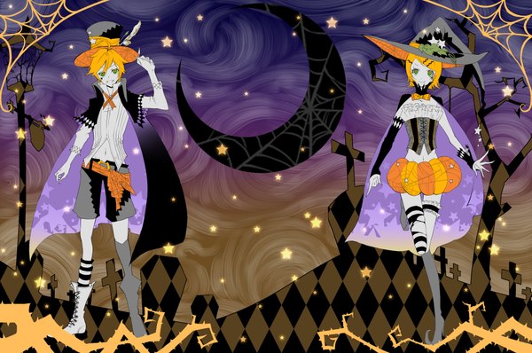 イラスト 2000x1328 と ボーカロイド 鏡音リン 鏡音レン ヤマダマヤ highres 短い髪 金髪 肩出し teeth fang (fangs) facial mark ハロウィン multicolored eyes face paint 女の子 ストッキング 男性 髪飾り 植物 帽子