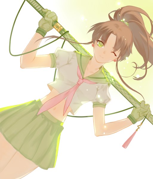 Anime picture 2480x2900 with bishoujo senshi sailor moon toei animation kino makoto sailor jupiter joseph lee single long hair tall image looking at viewer fringe highres breasts holding green eyes ponytail pleated skirt one eye closed wink midriff girl