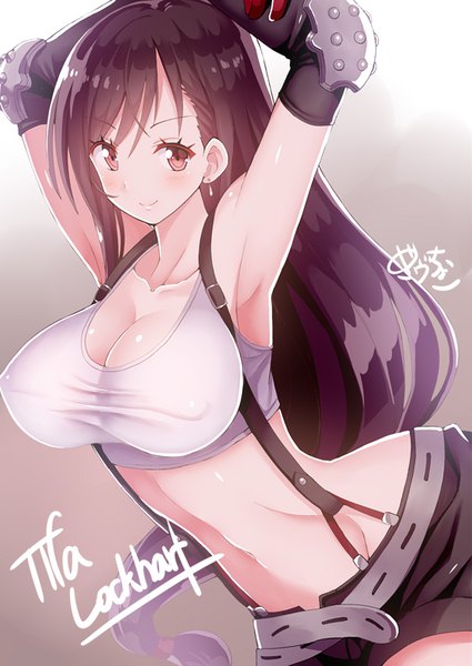 Anime picture 567x800 with final fantasy final fantasy vii square enix tifa lockhart givuchoko single long hair tall image looking at viewer breasts light erotic smile brown hair large breasts brown eyes cleavage grey background arms up armpit (armpits) character names