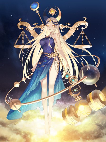Anime picture 3480x4664 with original fintowing single long hair tall image looking at viewer highres breasts blonde hair bare shoulders yellow eyes absurdres cloud (clouds) full body parted lips barefoot night night sky glowing side slit