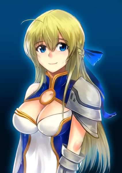 Anime picture 2480x3507 with nobunaga the fool jeanne kaguya d'arc swordwaltz single long hair tall image looking at viewer highres breasts blue eyes blonde hair cleavage blue background girl dress bow hair bow