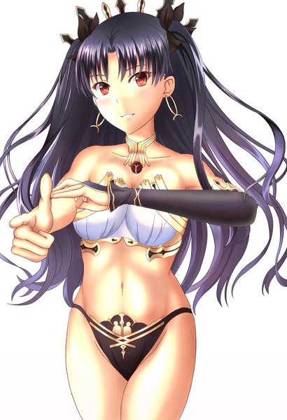 Anime picture 1313x1920 with fate (series) fate/grand order ishtar (fate) ichi-gen single long hair tall image looking at viewer light erotic black hair simple background red eyes standing white background purple hair light smile two side up outstretched arm pointing holding arm