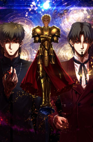 Anime picture 1020x1547 with fate (series) fate/stay night fate/zero studio deen type-moon gilgamesh (fate) emiya kiritsugu kotomine kirei lain (rinlain) tall image short hair blue eyes black hair blonde hair red eyes brown eyes tattoo boy earrings armor