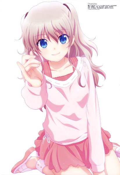 Anime picture 4081x5926 with charlotte megami magazine p.a. works tomori nao single long hair tall image looking at viewer blush fringe highres blue eyes simple background smile white background sitting absurdres silver hair bent knee (knees) pleated skirt