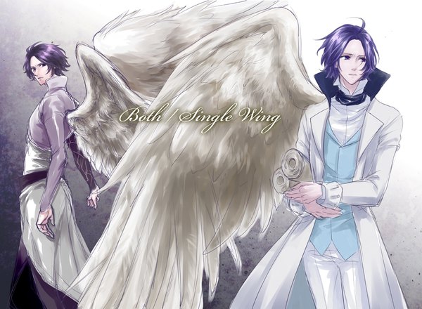 Anime picture 945x693 with makai ouji: devils and realist doga kobo kevin cecil carine short hair standing purple eyes looking away purple hair ahoge text english angel wings dual persona single wing boy wings cloak scroll