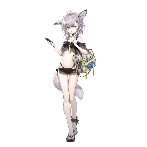 Anime picture 1024x1024 with arknights sussurro (arknights) sussurro (summer flowers) (arknights) sho (sho lwlw) single short hair blue eyes twintails animal ears silver hair full body ahoge tail animal tail official art fox ears low twintails official alternate costume fox tail fox girl