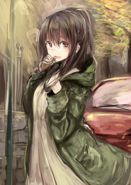 Anime picture 2480x3507 with original haik single long hair tall image looking at viewer blush highres open mouth brown hair brown eyes eating girl dress plant (plants) tree (trees) glasses cloak ground vehicle car