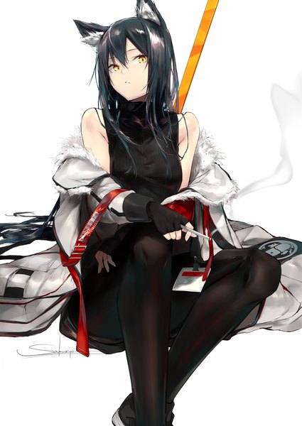 Anime picture 724x1023 with arknights texas (arknights) sakusyo single long hair tall image looking at viewer fringe black hair simple background hair between eyes white background sitting bare shoulders holding signed animal ears yellow eyes bent knee (knees) long sleeves