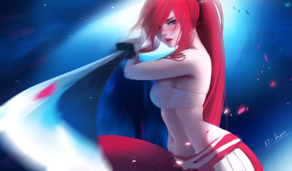 Anime picture 2448x1444 with fairy tail erza scarlet d-han single long hair looking at viewer blush fringe highres open mouth light erotic red eyes wide image holding signed payot ponytail red hair lips hair over one eye