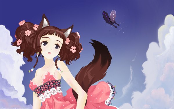 Anime picture 2560x1600 with original tearfish single highres short hair brown hair wide image bare shoulders animal ears cloud (clouds) animal tail hair flower black eyes girl dress hair ornament insect butterfly
