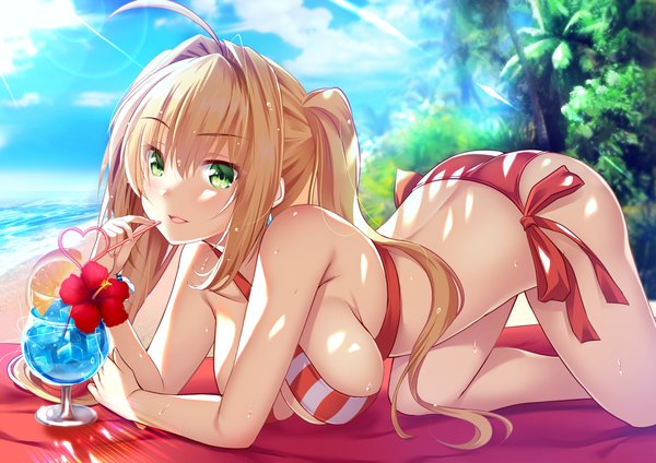 Anime picture 1300x920 with fate (series) fate/grand order nero claudius (fate) nero claudius (swimsuit caster) (fate) izumi akane single long hair looking at viewer blush fringe breasts open mouth light erotic blonde hair hair between eyes large breasts twintails bare shoulders green eyes payot