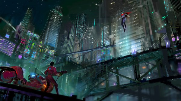 Anime picture 1600x901 with akira kaneda shoutarou tetsuo shima allen song short hair black hair wide image standing outdoors from behind night multiple boys from below city cityscape city lights weightlessness battle no face boy