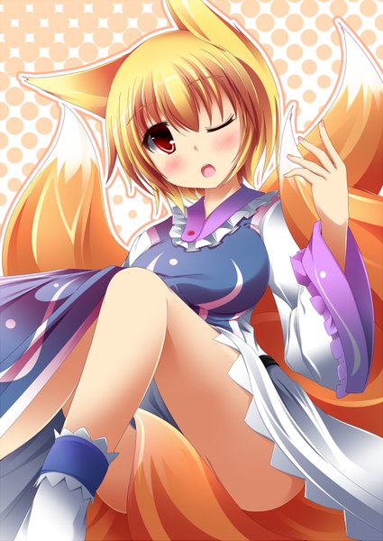 Anime picture 1200x1693 with touhou yakumo ran liya tall image blush short hair open mouth blonde hair red eyes one eye closed wink fox ears fox tail multiple tails girl dress