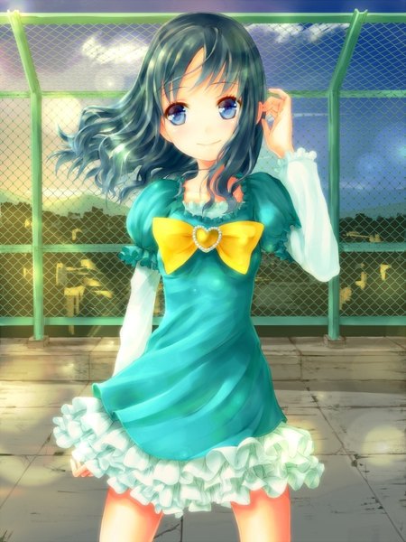 Anime picture 1200x1600 with precure toei animation kurumi erika cabbaco single long hair tall image blue eyes smile blue hair cloud (clouds) girl dress bow