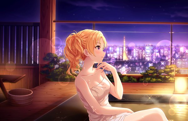 Anime picture 1280x824 with idolmaster idolmaster cinderella girls idolmaster cinderella girls starlight stage kiryu tsukasa (idolmaster) single fringe short hair light erotic blonde hair sitting purple eyes bare shoulders looking away cleavage cloud (clouds) outdoors parted lips profile arm up night